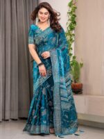 Teal Blue Fendi Satin Leafy Floral Block & Foil Printed Saree with Ornamental Border, Tassel Edges & Attached Blouse - Image 6