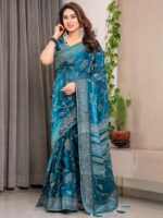 Teal Blue Fendi Satin Leafy Floral Block & Foil Printed Saree with Ornamental Border, Tassel Edges & Attached Blouse - Image 8