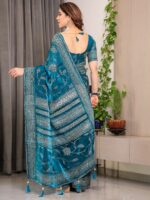 Teal Blue Fendi Satin Leafy Floral Block & Foil Printed Saree with Ornamental Border, Tassel Edges & Attached Blouse - Image 4