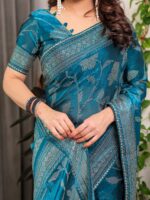 Teal Blue Fendi Satin Leafy Floral Block & Foil Printed Saree with Ornamental Border, Tassel Edges & Attached Blouse - Image 2
