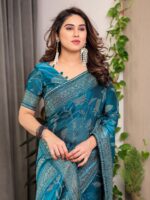 Teal Blue Fendi Satin Leafy Floral Block & Foil Printed Saree with Ornamental Border, Tassel Edges & Attached Blouse - Image 11
