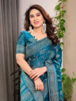 Teal Blue Fendi Satin Leafy Floral Block & Foil Printed Saree with Ornamental Border, Tassel Edges & Attached Blouse - Image 5