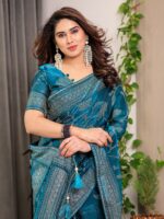Teal Blue Fendi Satin Leafy Floral Block & Foil Printed Saree with Ornamental Border, Tassel Edges & Attached Blouse - Image 7