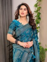 Teal Blue Fendi Satin Leafy Floral Block & Foil Printed Saree with Ornamental Border, Tassel Edges & Attached Blouse - Image 9