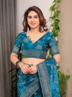Teal Blue Fendi Satin Leafy Floral Block & Foil Printed Saree with Ornamental Border, Tassel Edges & Attached Blouse - Image 3