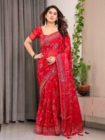Crimson Red Fendi Satin Leafy Floral Block & Foil Printed Saree with Ornamental Border, Tassel Edges & Attached Blouse - Image 9