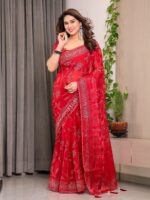 Crimson Red Fendi Satin Leafy Floral Block & Foil Printed Saree with Ornamental Border, Tassel Edges & Attached Blouse - Image 7