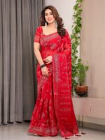 Crimson Red Fendi Satin Leafy Floral Block & Foil Printed Saree with Ornamental Border, Tassel Edges & Attached Blouse - Image 5