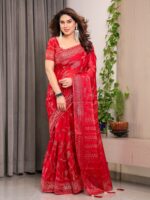 Crimson Red Fendi Satin Leafy Floral Block & Foil Printed Saree with Ornamental Border, Tassel Edges & Attached Blouse - Image 11