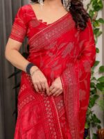 Crimson Red Fendi Satin Leafy Floral Block & Foil Printed Saree with Ornamental Border, Tassel Edges & Attached Blouse - Image 2