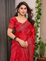 Crimson Red Fendi Satin Leafy Floral Block & Foil Printed Saree with Ornamental Border, Tassel Edges & Attached Blouse - Image 8