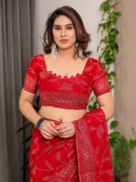 Crimson Red Fendi Satin Leafy Floral Block & Foil Printed Saree with Ornamental Border, Tassel Edges & Attached Blouse - Image 3