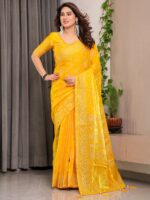 Sunshine Yellow Fendi Satin Leafy Floral Block & Foil Printed Saree with Ornamental Border, Tassel Edges & Attached Blouse - Image 6
