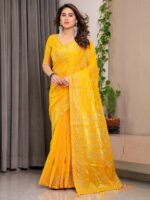 Sunshine Yellow Fendi Satin Leafy Floral Block & Foil Printed Saree with Ornamental Border, Tassel Edges & Attached Blouse - Image 10