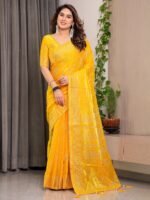Sunshine Yellow Fendi Satin Leafy Floral Block & Foil Printed Saree with Ornamental Border, Tassel Edges & Attached Blouse - Image 8