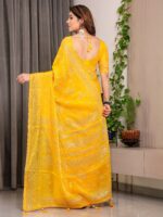 Sunshine Yellow Fendi Satin Leafy Floral Block & Foil Printed Saree with Ornamental Border, Tassel Edges & Attached Blouse - Image 3