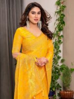 Sunshine Yellow Fendi Satin Leafy Floral Block & Foil Printed Saree with Ornamental Border, Tassel Edges & Attached Blouse - Image 5