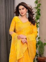 Sunshine Yellow Fendi Satin Leafy Floral Block & Foil Printed Saree with Ornamental Border, Tassel Edges & Attached Blouse - Image 7