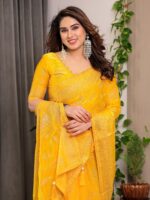 Sunshine Yellow Fendi Satin Leafy Floral Block & Foil Printed Saree with Ornamental Border, Tassel Edges & Attached Blouse - Image 9