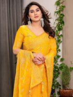 Sunshine Yellow Fendi Satin Leafy Floral Block & Foil Printed Saree with Ornamental Border, Tassel Edges & Attached Blouse - Image 11