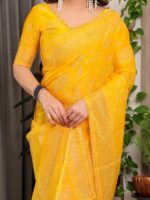 Sunshine Yellow Fendi Satin Leafy Floral Block & Foil Printed Saree with Ornamental Border, Tassel Edges & Attached Blouse - Image 2
