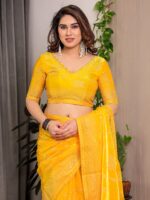 Sunshine Yellow Fendi Satin Leafy Floral Block & Foil Printed Saree with Ornamental Border, Tassel Edges & Attached Blouse - Image 4