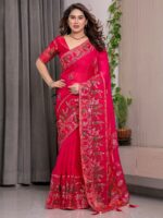 Royal Rani Pink Fendi Satin Peacock & Floral Block and Foil Printed Saree with Traditional Border, Tassel Edges & Attached Blouse - Image 6