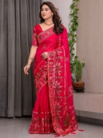 Royal Rani Pink Fendi Satin Peacock & Floral Block and Foil Printed Saree with Traditional Border, Tassel Edges & Attached Blouse - Image 8