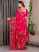 Royal Rani Pink Fendi Satin Peacock & Floral Block and Foil Printed Saree with Traditional Border, Tassel Edges & Attached Blouse - Image 4