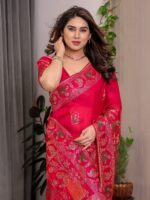 Royal Rani Pink Fendi Satin Peacock & Floral Block and Foil Printed Saree with Traditional Border, Tassel Edges & Attached Blouse - Image 7
