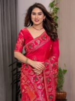 Royal Rani Pink Fendi Satin Peacock & Floral Block and Foil Printed Saree with Traditional Border, Tassel Edges & Attached Blouse - Image 5