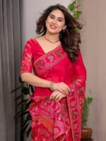 Royal Rani Pink Fendi Satin Peacock & Floral Block and Foil Printed Saree with Traditional Border, Tassel Edges & Attached Blouse - Image 11