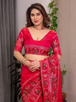 Royal Rani Pink Fendi Satin Peacock & Floral Block and Foil Printed Saree with Traditional Border, Tassel Edges & Attached Blouse - Image 3
