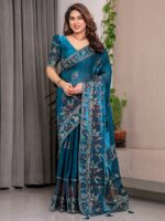 Peacock Teal Blue Fendi Satin Peacock & Floral Block and Foil Printed Saree with Traditional Border, Tassel Edges & Attached Blouse - Image 6