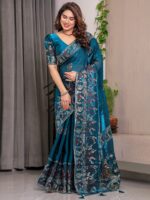 Peacock Teal Blue Fendi Satin Peacock & Floral Block and Foil Printed Saree with Traditional Border, Tassel Edges & Attached Blouse - Image 8