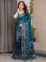 Peacock Teal Blue Fendi Satin Peacock & Floral Block and Foil Printed Saree with Traditional Border, Tassel Edges & Attached Blouse - Image 10