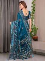 Peacock Teal Blue Fendi Satin Peacock & Floral Block and Foil Printed Saree with Traditional Border, Tassel Edges & Attached Blouse - Image 4