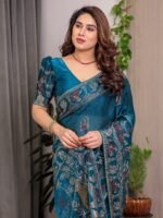Peacock Teal Blue Fendi Satin Peacock & Floral Block and Foil Printed Saree with Traditional Border, Tassel Edges & Attached Blouse - Image 7