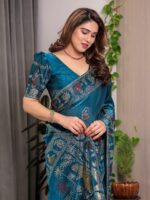 Peacock Teal Blue Fendi Satin Peacock & Floral Block and Foil Printed Saree with Traditional Border, Tassel Edges & Attached Blouse - Image 5