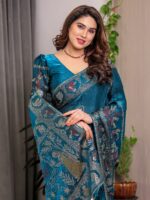 Peacock Teal Blue Fendi Satin Peacock & Floral Block and Foil Printed Saree with Traditional Border, Tassel Edges & Attached Blouse - Image 11