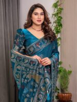Peacock Teal Blue Fendi Satin Peacock & Floral Block and Foil Printed Saree with Traditional Border, Tassel Edges & Attached Blouse - Image 9