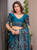 Peacock Teal Blue Fendi Satin Peacock & Floral Block and Foil Printed Saree with Traditional Border, Tassel Edges & Attached Blouse - Image 3