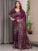 Royal Wine Purple Fendi Satin Peacock & Floral Block and Foil Printed Saree with Traditional Border, Tassel Edges & Attached Blouse - Image 6