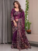 Royal Wine Purple Fendi Satin Peacock & Floral Block and Foil Printed Saree with Traditional Border, Tassel Edges & Attached Blouse - Image 8