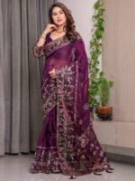Royal Wine Purple Fendi Satin Peacock & Floral Block and Foil Printed Saree with Traditional Border, Tassel Edges & Attached Blouse - Image 10