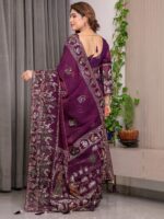 Royal Wine Purple Fendi Satin Peacock & Floral Block and Foil Printed Saree with Traditional Border, Tassel Edges & Attached Blouse - Image 3