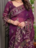 Royal Wine Purple Fendi Satin Peacock & Floral Block and Foil Printed Saree with Traditional Border, Tassel Edges & Attached Blouse - Image 2