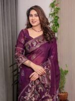 Royal Wine Purple Fendi Satin Peacock & Floral Block and Foil Printed Saree with Traditional Border, Tassel Edges & Attached Blouse - Image 9