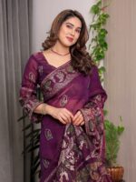 Royal Wine Purple Fendi Satin Peacock & Floral Block and Foil Printed Saree with Traditional Border, Tassel Edges & Attached Blouse - Image 7