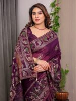 Royal Wine Purple Fendi Satin Peacock & Floral Block and Foil Printed Saree with Traditional Border, Tassel Edges & Attached Blouse - Image 5